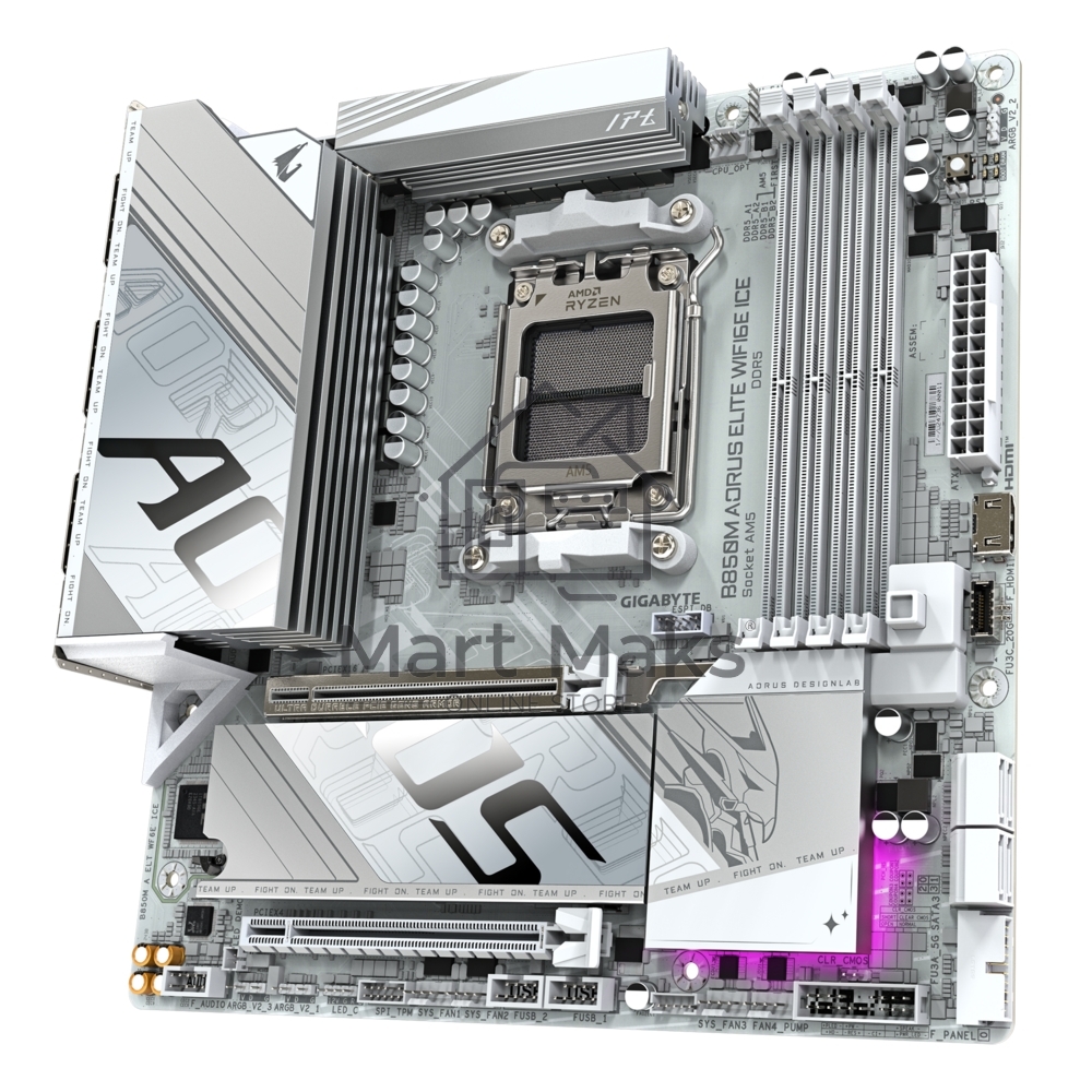 Материнская плата Gigabyte B850M AORUS ELITE WIFI6E ICE, AM5, AMD B850, 4xDDR5, 4xSATA, 2xM.2, 1xPCIe 5.0 x16, 1xPCIe 3.0 x4, 1xDP, 1xHDMI, 1x2.5Gb LAN, Wi-Fi 6E, Bluetooth 5.3, 2xUSB-A 10Gbps (Gen2), 5xUSB-A 5Gbps, 4xUSB-A 2.0, 1xUSB-C 10Gbps (Gen2), 2x3