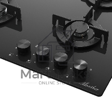 Варочная поверхность MONSHER, High-Tech, газ, 59 см, газ-контроль, автоматический электроподжиг, чугунные решетки, форсунки под сжиженый газ, конфорки SABAF, поворотные переключатели, цвет черное стекло