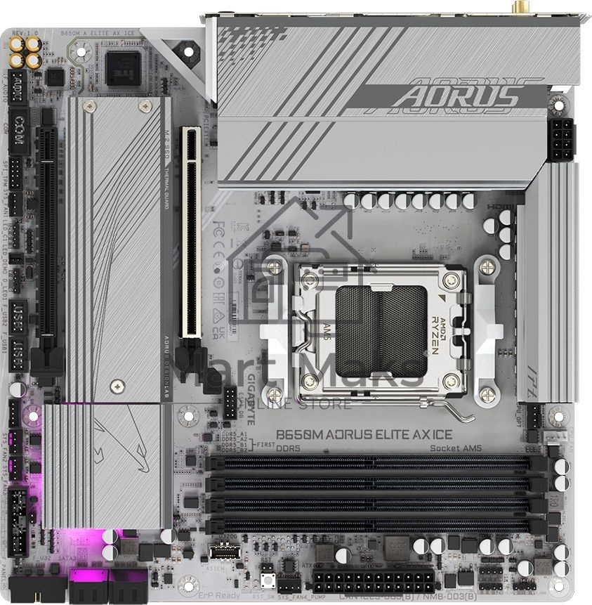 Материнская плата GIGABYTE B650M AORUS ELITE AX ICE, AM5, AMD B650, 4xDDR5, 4xSATA, 2xM.2, 1xPCIe 4.0 x16, 1xPCIe 4.0 x4, 1xDP, 1xHDMI, 1x2.5Gb LAN, Wi-Fi 6E, Bluetooth 5.3, S/PDIF, 2xUSB-C 10Gbps, 2xUSB-A 10Gbps, 5xUSB-A 5Gbps, 4xUSB-A 2.0, 2x3.5 мм, 7.1