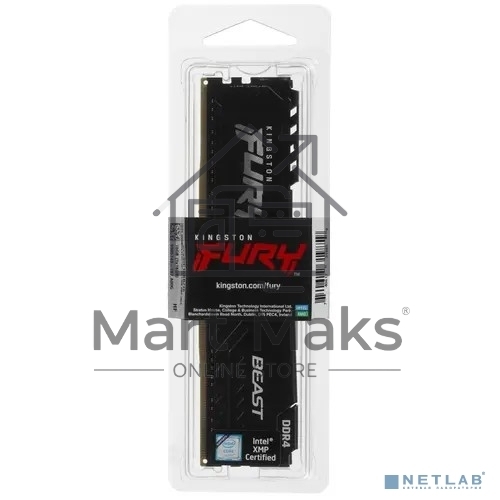 Оперативная память Kingston Fury Beast, DDR4, 16GB (1x16GB), 3200MHz, CL16, DIMM, с радиатором, черный