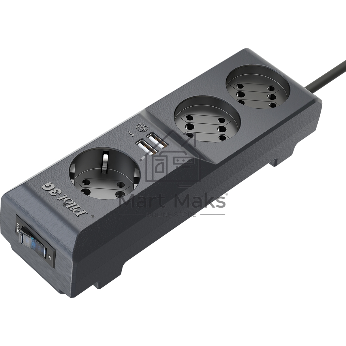 Сетевой фильтр Surge protector Pilot 3G 3xGP euro outlets, 10А/2.2кВа, 2xUSB, 7m, черный