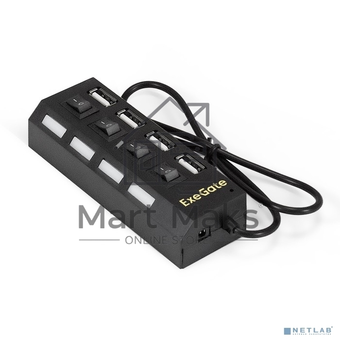 Хаб USB (концентратор) ExeGate EX293977RUS DUB-42SW (кабель-адаптер USB2.0 --> 4xUSB2.0, кнопки включения/отключения для каждого порта, Plug&Play, черный)