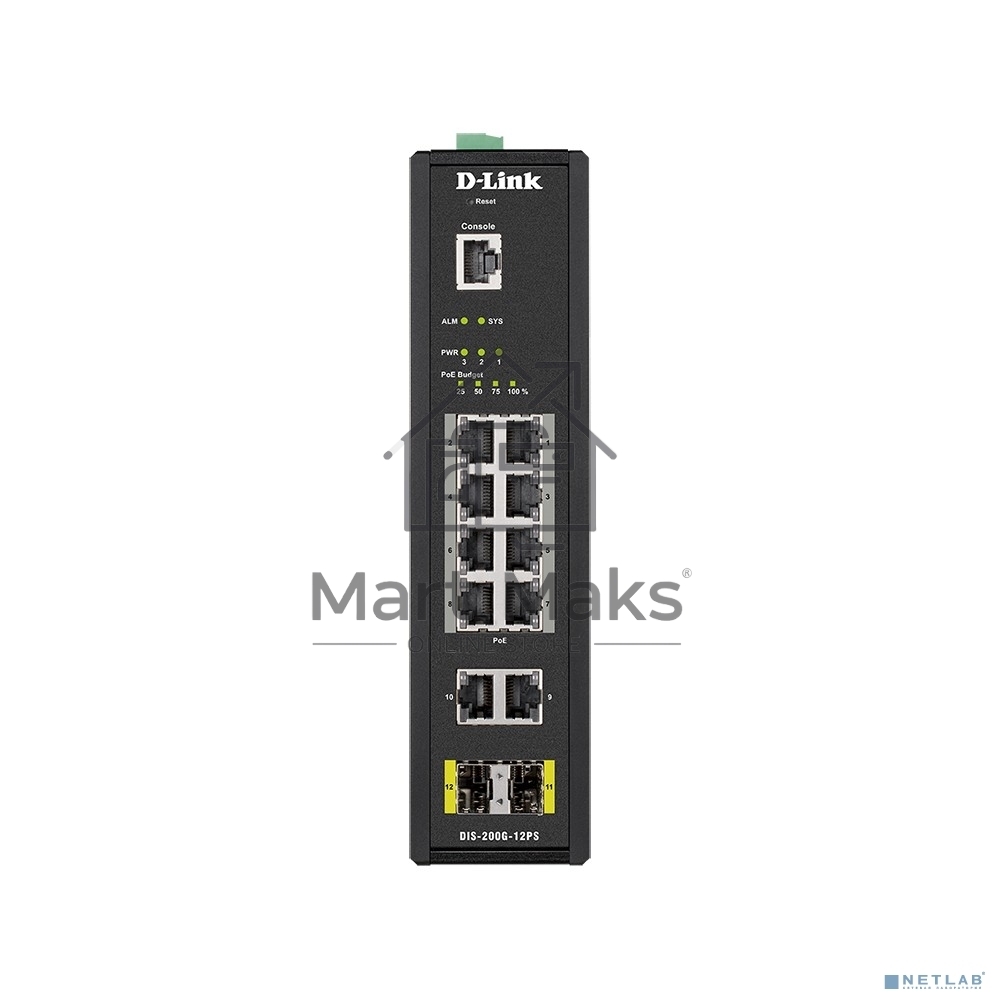 Промышленный управляемый коммутатор D-Link DIS-200G-12PS/A2A 2 уровня с 10 портами 10/100/1000Base-T и 2 портами 1000Base-X SFP (8 портов с поддержкой PoE 802.3af/802.3at (30 Вт), PoE-бюджет до 240Вт)