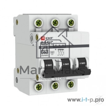 Автоматический выключатель EKF mcb4729-3-63C 3P 63А (C) 4,5кА ВА 47-29 Basic