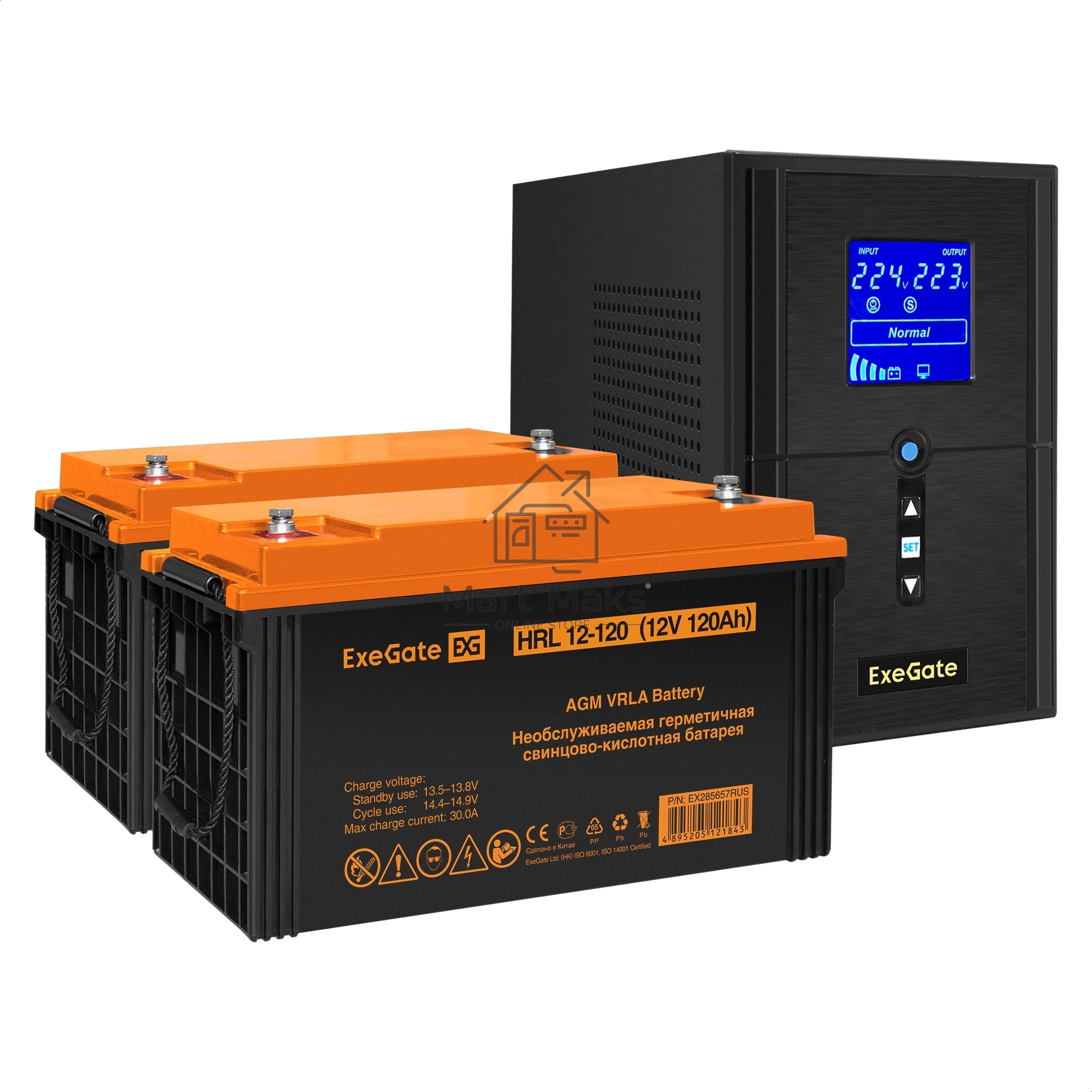 Комплект Источник бесперебойного питания EX295987RUS + батарея 120Aч EX285657RUS 2шт (инвертор, синус, для котла) ExeGate SineTower SZ-1000.LCD.AVR.2SH.1C13.USB <1000VA/800W, чистый синусоида, LCD дисплей, AVR, 2*Schuko+1*C13, USB, линейно-интерактивный, 
