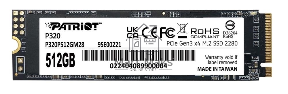 Накопитель SSD Patriot P320, 512GB, PCIe 3.0 x4, M.2 2280, NVMe, R/W 3000/2200