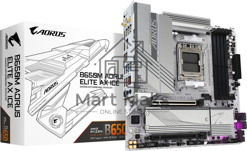Материнская плата GIGABYTE B650M AORUS ELITE AX ICE, AM5, AMD B650, 4xDDR5, 4xSATA, 2xM.2, 1xPCIe 4.0 x16, 1xPCIe 4.0 x4, 1xDP, 1xHDMI, 1x2.5Gb LAN, Wi-Fi 6E, Bluetooth 5.3, S/PDIF, 2xUSB-C 10Gbps, 2xUSB-A 10Gbps, 5xUSB-A 5Gbps, 4xUSB-A 2.0, 2x3.5 мм, 7.1