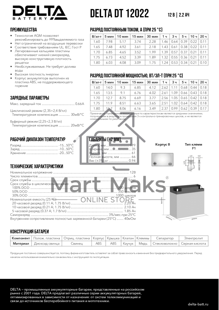 Батарея Delta DT 12022 (12V, 2.2Ah)