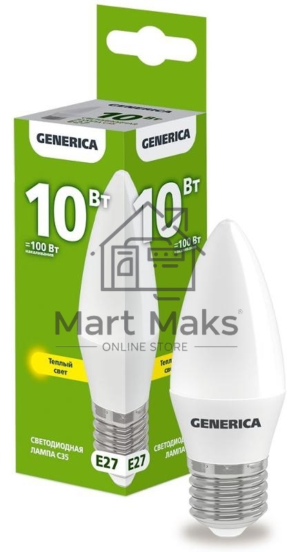 Лампа светодиодная C35 10Вт свеча 3000К E27 230В GENERICA LL-C35-10-230-30-E27-G