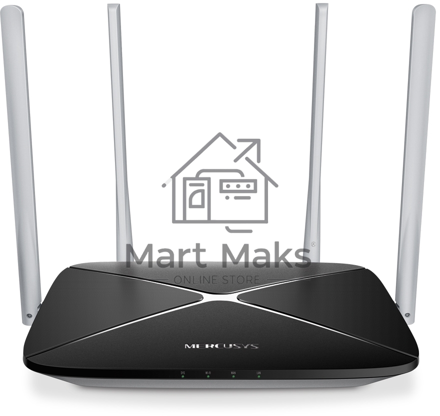 Беспроводный маршрутизатор Mercusys AC12, Dual Band, (867Мбит/с на 5 ГГц + 300Мбит/с на 2,4 ГГц)4 порта 100 Мбит/с, 4 фиксированных антенны