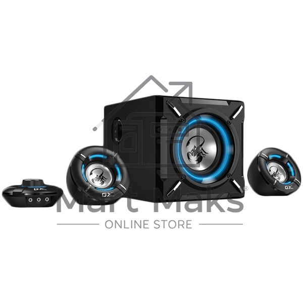 Компьютерные игровые колонки Genius SW-G2.1 1000, 100-240В,26Вт (Сабвуфер: 16Вт, Сателлиты: 5Втx2), мощные басы, синяя подстветка, блок управления громкос