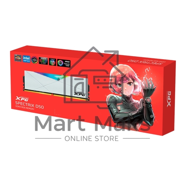 Оперативная память XPG Spectrix D50 RGB, DDR4, 32GB (2x16GB), 3200MHz, CL16, UDIMM, с радиатором, RGB, белый