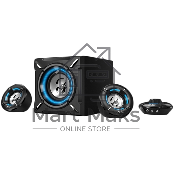 Компьютерные игровые колонки Genius SW-G2.1 1000, 100-240В,26Вт (Сабвуфер: 16Вт, Сателлиты: 5Втx2), мощные басы, синяя подстветка, блок управления громкос