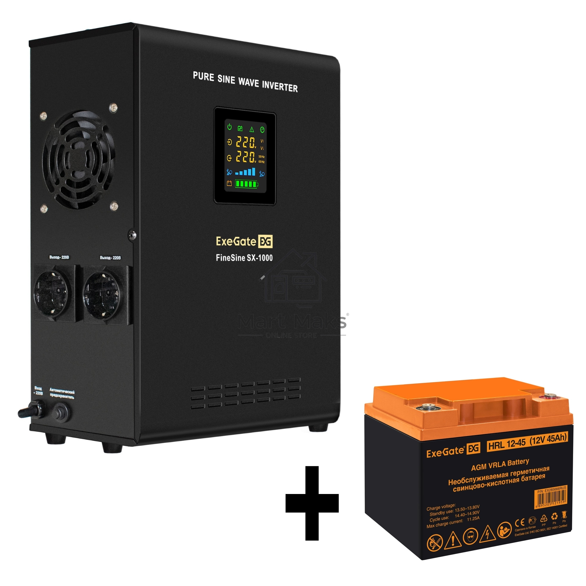 Комплект ИБП EX295997RUS + батарея 45Aч EX285666RUS 1шт (инвертор, синус, для котла, настенный) ExeGate FineSine SX-1000.LCD.AVR.2SH <1000VA/600W, чистая синусоида, цветной LCD-дисплей, AVR, 2*Schuko, линейно-интерактивный, крепление настенное/универсальн