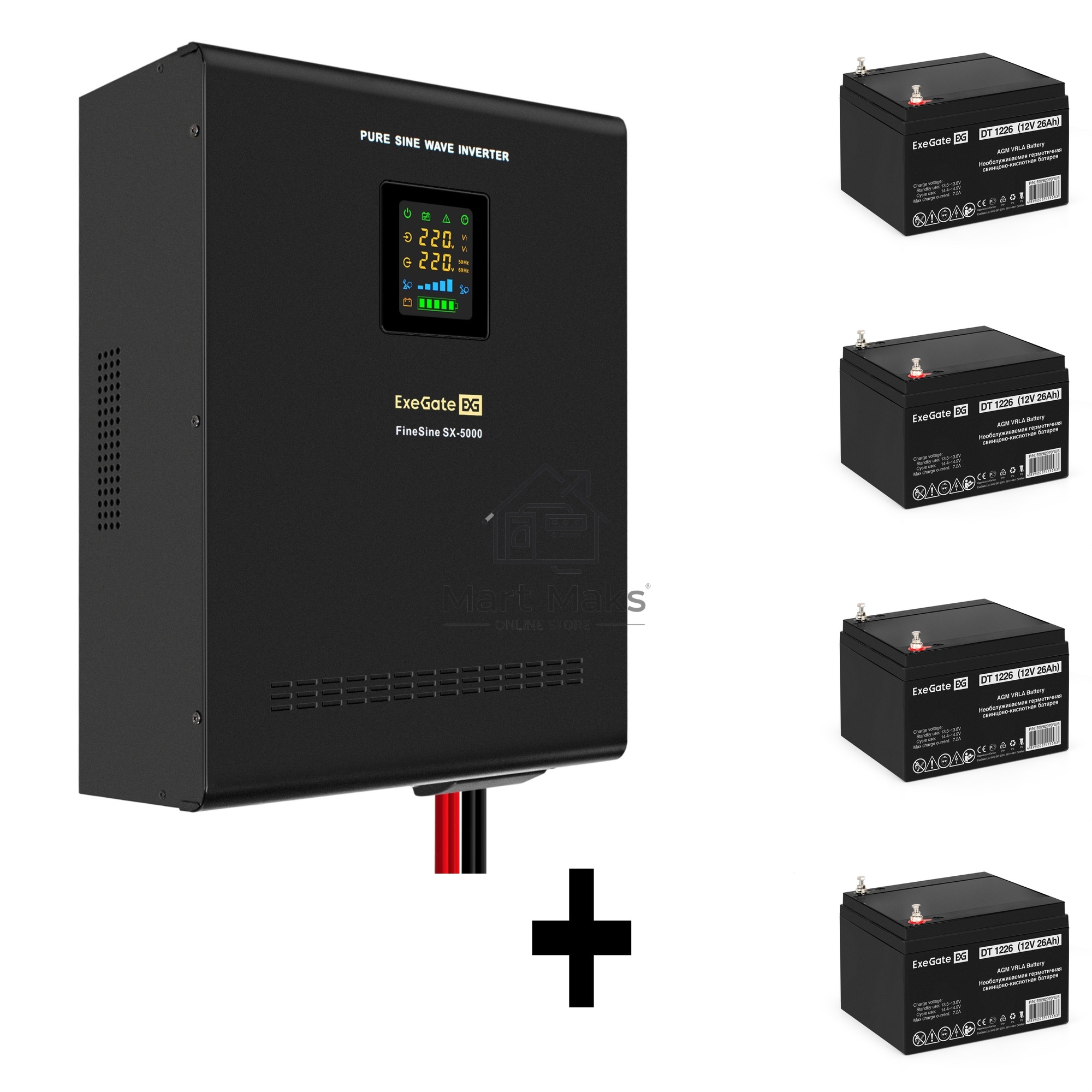 Комплект ИБП EX296004RUS + батарея 26Aч EX282970RUS 4шт (инвертор, синус, для котла, настенный) ExeGate FineSine SX-5000.LCD.AVR.2SH.T <5000VA/3500W, чистая синусоида, цветной LCD-дисплей, AVR, 2*Schuko+клеммы, линейно-интерактивный, крепление настенное, 
