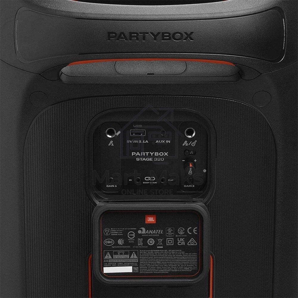 Портативная акустика JBL PartyBox Stage 320  (1.0 2 x 120 Вт, Bluetooth, AUX, USB, 6.3 мм jack, RGB подсветка, IPX4, JBLPBSTAGE320UK)