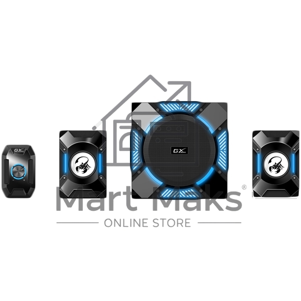 Компьютерные игровые колонки Genius SW-G2.1 1200, 100-240В,36Вт (Сабвуфер: 24Вт, Сателлиты: 6Втx2), мощные басы, синяя подстветка, блок управления, разъем