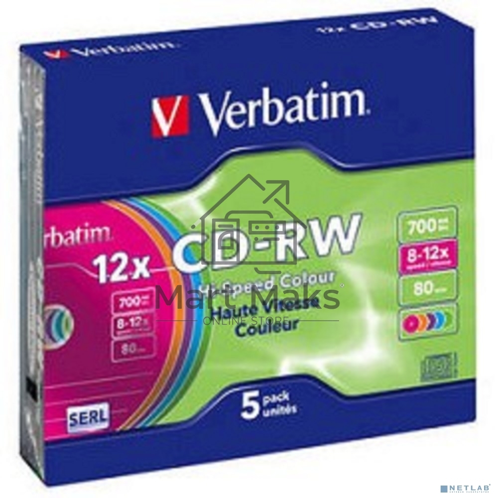 Диск CD-RW Verbatim 700Mb 12x Slim case (5шт) Color (43167)