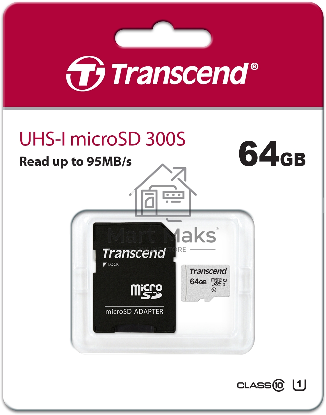 Флеш карта Micro SecureDigital 64Gb Transcend Class 10 TS64GUSD300S-A MicroSDXC Class 10 UHS-I, SD adapter