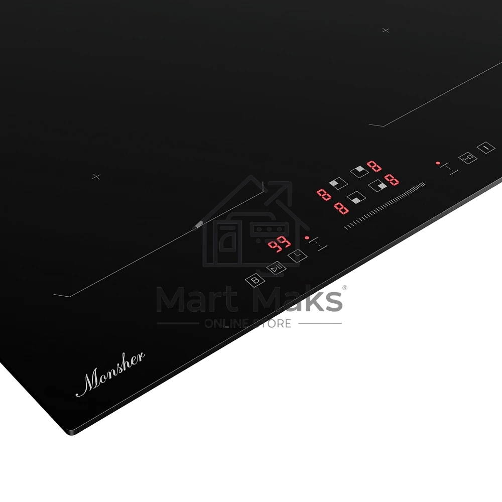 Варочная поверхность MONSHER MHI 6026, 60 см, индукция, High-Tech, inverter, 9 уровней мощности, бустер, Stop and Go, автоматическое отключение, таймер, индикатор остаточного тепла, сенсорное/слайдерное управление, черный