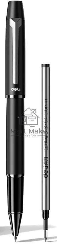 Ручка роллер автоматическая Deli (S153 BLACK) черн d=0.5мм черн. в компл.:стержень с черными чернилами, подарочная коробка (1шт) сменный стержень, 1 стержень, пулевидный пишущий наконечник, линия 0.5мм эрг.зона обх. серебристый