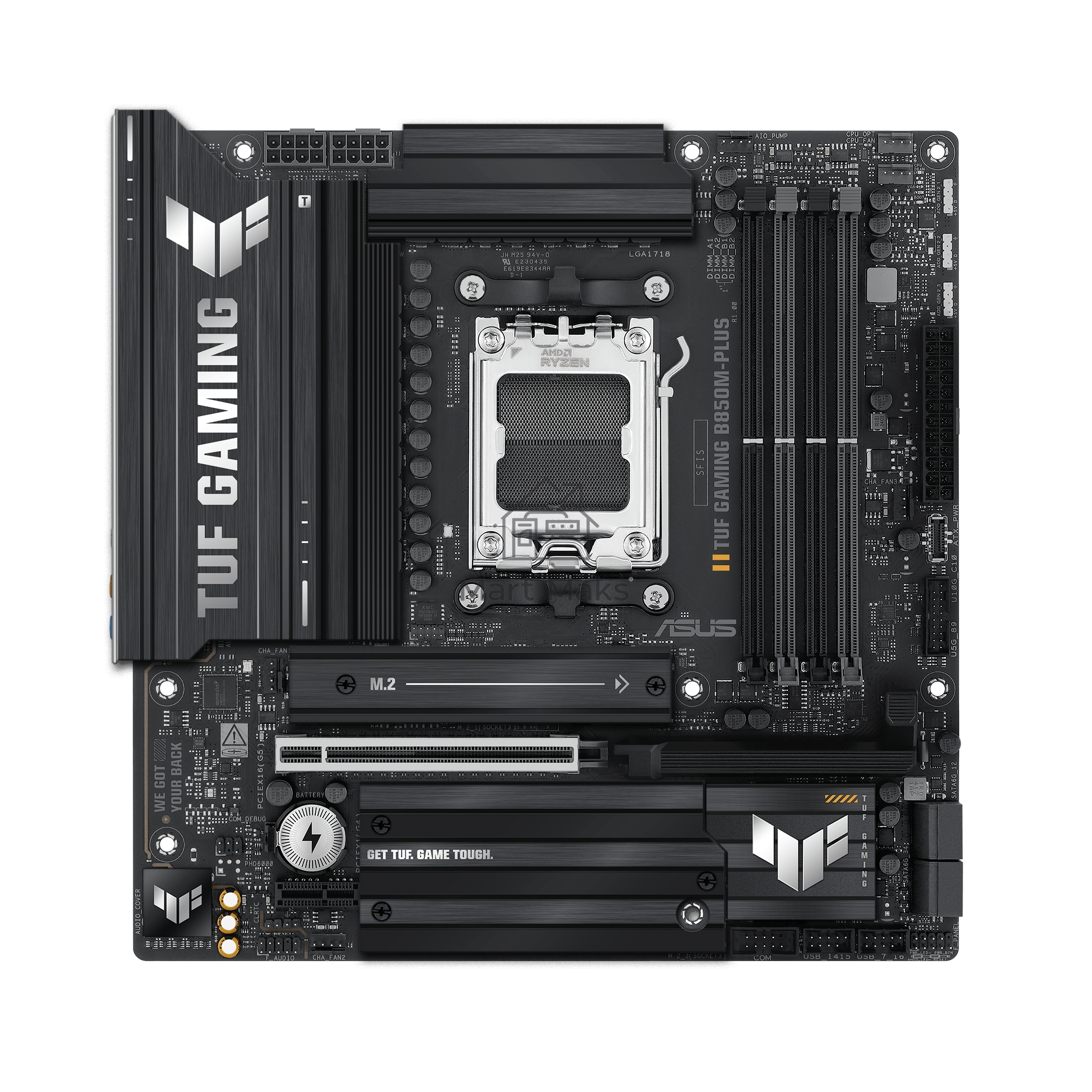 Материнская плата ASUS TUF Gaming B850M-Plus, AM5, AMD B850, 4xDDR5, 4xSATA, 3xM.2, 1xPCIe 5.0 x16, 1xPCIe 4.0 x4, 1xPCIe x1, 1xDP, 1xHDMI, 1x2.5Gb LAN, 4xUSB 2.0, 4xUSB 3.2 Gen 1, 3xUSB 3.2 Gen 2, 1xUSB-C, 3x3.5 мм, 7.1, mATX