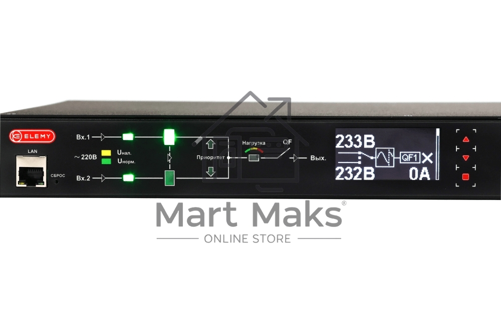 Автоматический ввод резерва ELEMY RACK ATS, 1U, 220В, 32А, OLED, Ethernet, in (2) IEC309, out (2) C19 (9) C13