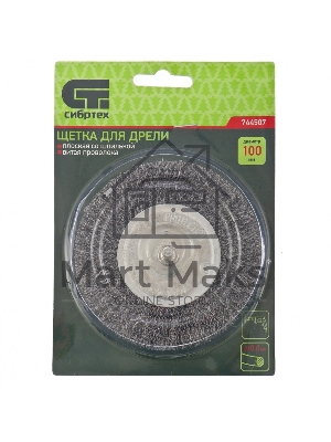 Щетка для дрели Сибртех 100 мм, плоская со шпилькой, витая проволока 0,3 мм