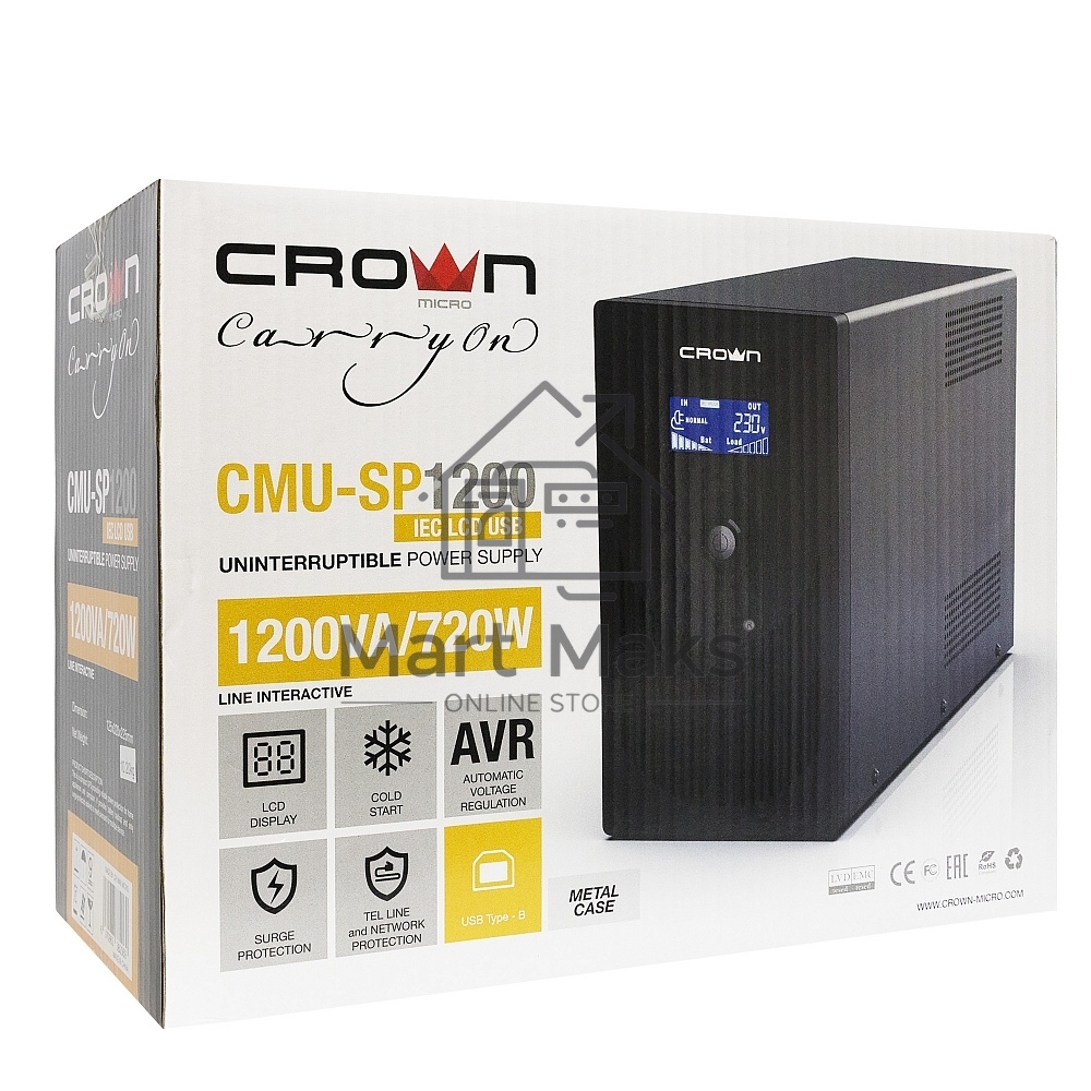 Источник бесперебойного питания CROWN Line Intractive CMU-SP1200IEC LCD USB 1200VA\720W, корпус металл, 2x12V/9AH, розетки 8*IEC, трансформатор AVR 140-290V, LCD-дисплей, cъёмный кабель 1.2 м, порт RJ11/45, порт USB, защита: от перегрузки, от КЗ, от скачк