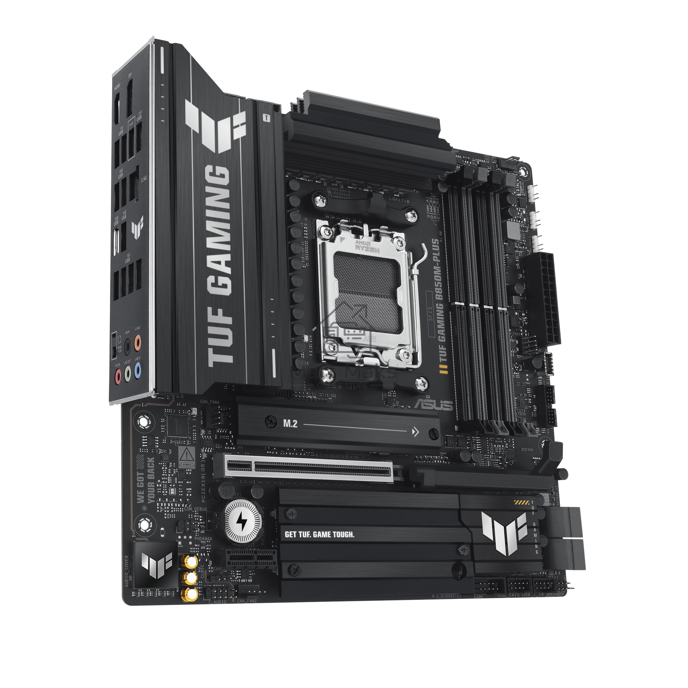 Материнская плата ASUS TUF Gaming B850M-Plus, AM5, AMD B850, 4xDDR5, 4xSATA, 3xM.2, 1xPCIe 5.0 x16, 1xPCIe 4.0 x4, 1xPCIe x1, 1xDP, 1xHDMI, 1x2.5Gb LAN, 4xUSB 2.0, 4xUSB 3.2 Gen 1, 3xUSB 3.2 Gen 2, 1xUSB-C, 3x3.5 мм, 7.1, mATX