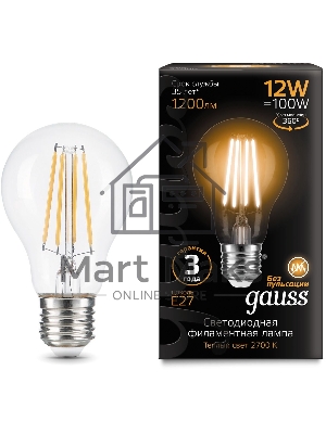 Лампа cветодиодная Gauss Filament А60 12W 1200lm 2700К Е27 LED 1/10/40