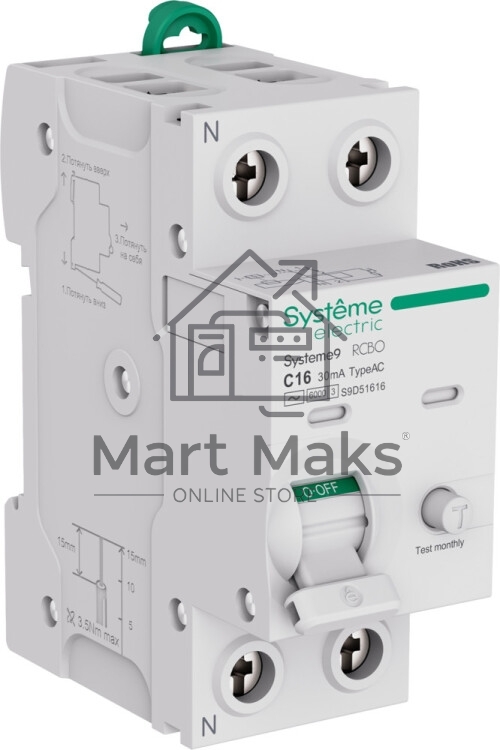 Автоматический выключатель дифф. тока (АВДТ) Systeme Electric S9D51616 Systeme9 1P+N C 16A 6kA 30мА Тип-AC 230В