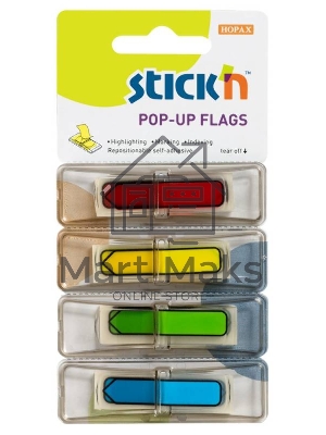 Закладки самоклеящиеся, индексы пластиковые Hopax 26018 12x45мм, 4 цвета в упаковке, 30 листов, Z-сложение стрелки печатные блистер