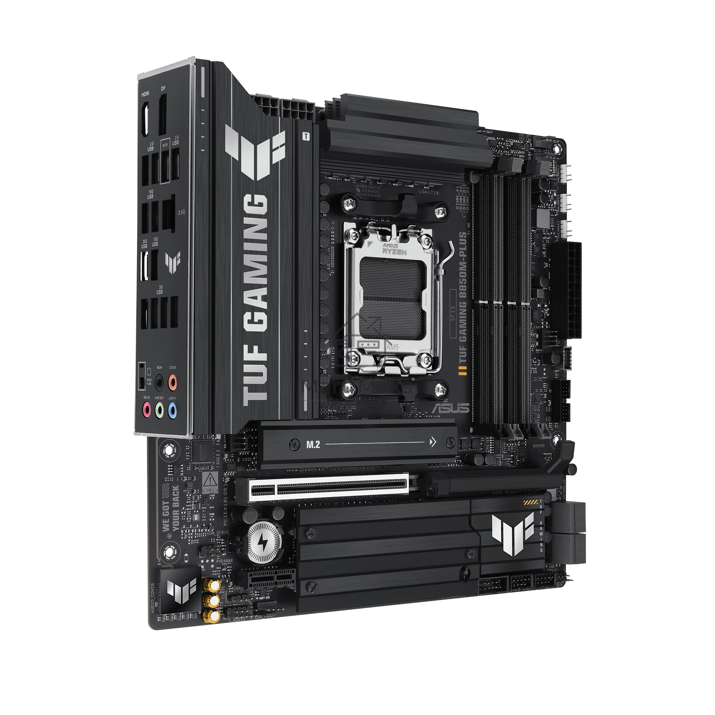 Материнская плата ASUS TUF Gaming B850M-Plus, AM5, AMD B850, 4xDDR5, 4xSATA, 3xM.2, 1xPCIe 5.0 x16, 1xPCIe 4.0 x4, 1xPCIe x1, 1xDP, 1xHDMI, 1x2.5Gb LAN, 4xUSB 2.0, 4xUSB 3.2 Gen 1, 3xUSB 3.2 Gen 2, 1xUSB-C, 3x3.5 мм, 7.1, mATX