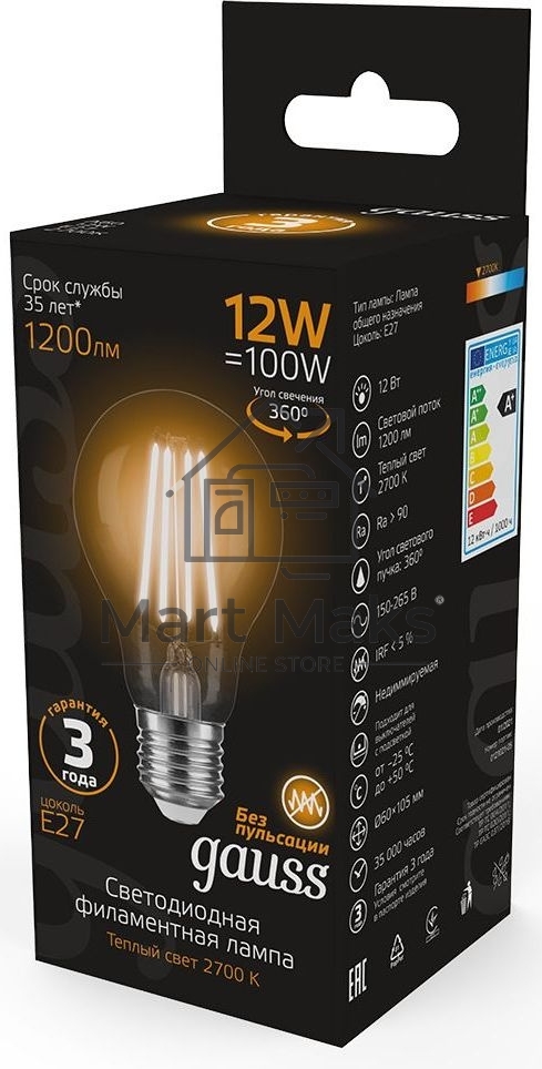 Лампа Gauss Filament А60 12W 1200lm 2700К Е27 LED 1/10/40
