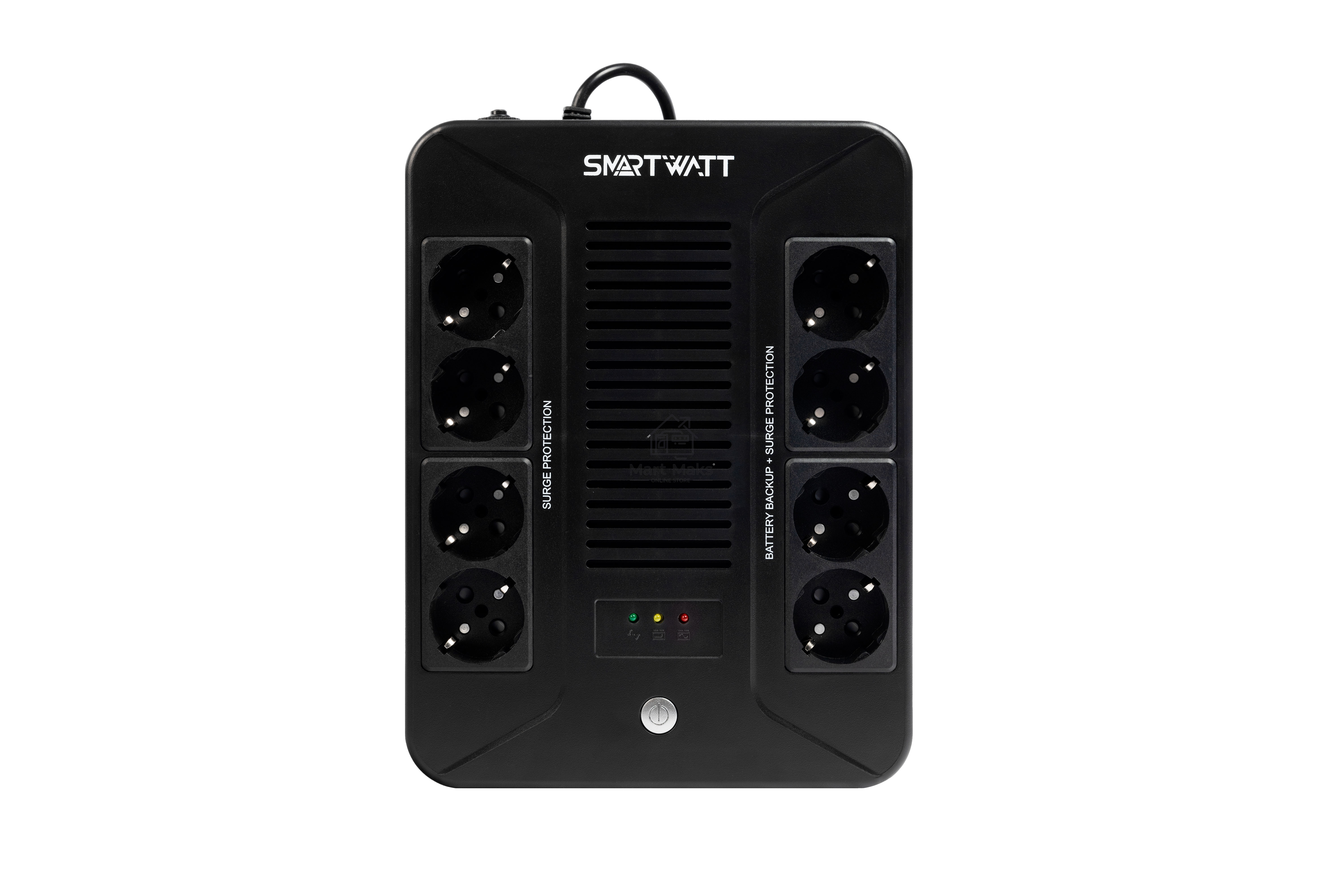 Источник бесперебойного питания SMARTWATT UPS SAFE PRO 1000 черный 1000/600 ВА/Вт, линейно-интерактивный, напольный/настенный, LED индикация, Shuko CEE7/4 - 8 шт. (4 шт. с резервным питанием, 4 шт. - сетевой фильтр)