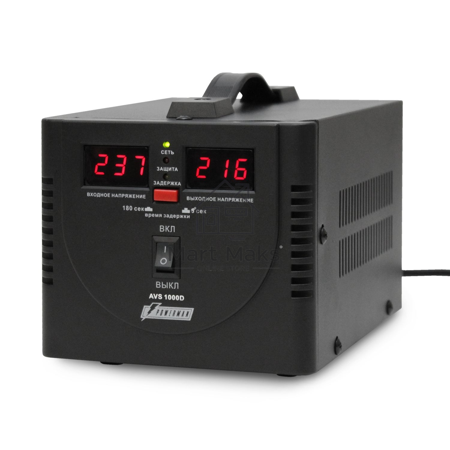 Стабилизатор напряжения Powerman AVS 1000D Black (220В±8% 1000ВА,8А,КПД 98%, циф. индикация вх./вых.)