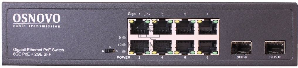 Коммутатор OSNOVO Гигабитный PoE коммутатор на 10 портов, 8 *10/100/1000 Base-T PoE, 2*SFP 1000 Base-T, PoE на порт до 30W, суммарно до 150W