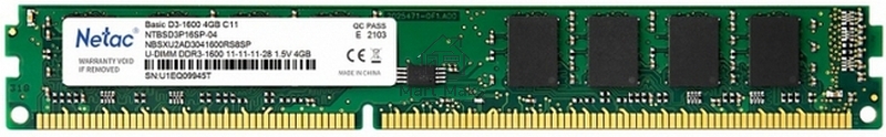 Оперативная память NETAC Basic, DDR3, 4GB (1x4GB), 1600MHz, CL11, DIMM