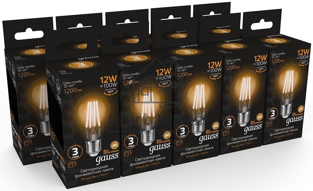 Лампа Gauss Filament А60 12W 1200lm 2700К Е27 LED 1/10/40