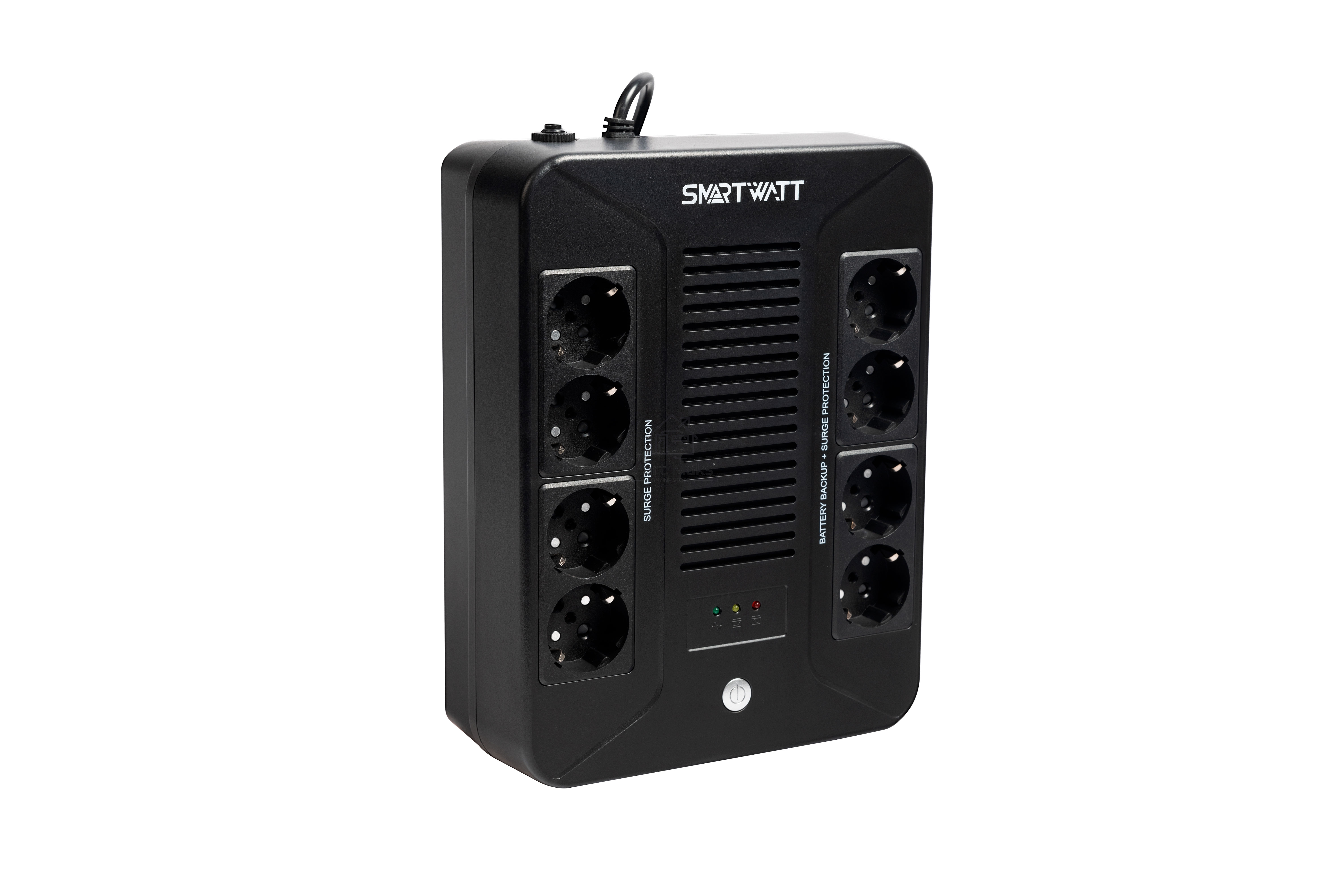 Источник бесперебойного питания SMARTWATT UPS SAFE PRO 1000 черный 1000/600 ВА/Вт, линейно-интерактивный, напольный/настенный, LED индикация, Shuko CEE7/4 - 8 шт. (4 шт. с резервным питанием, 4 шт. - сетевой фильтр)