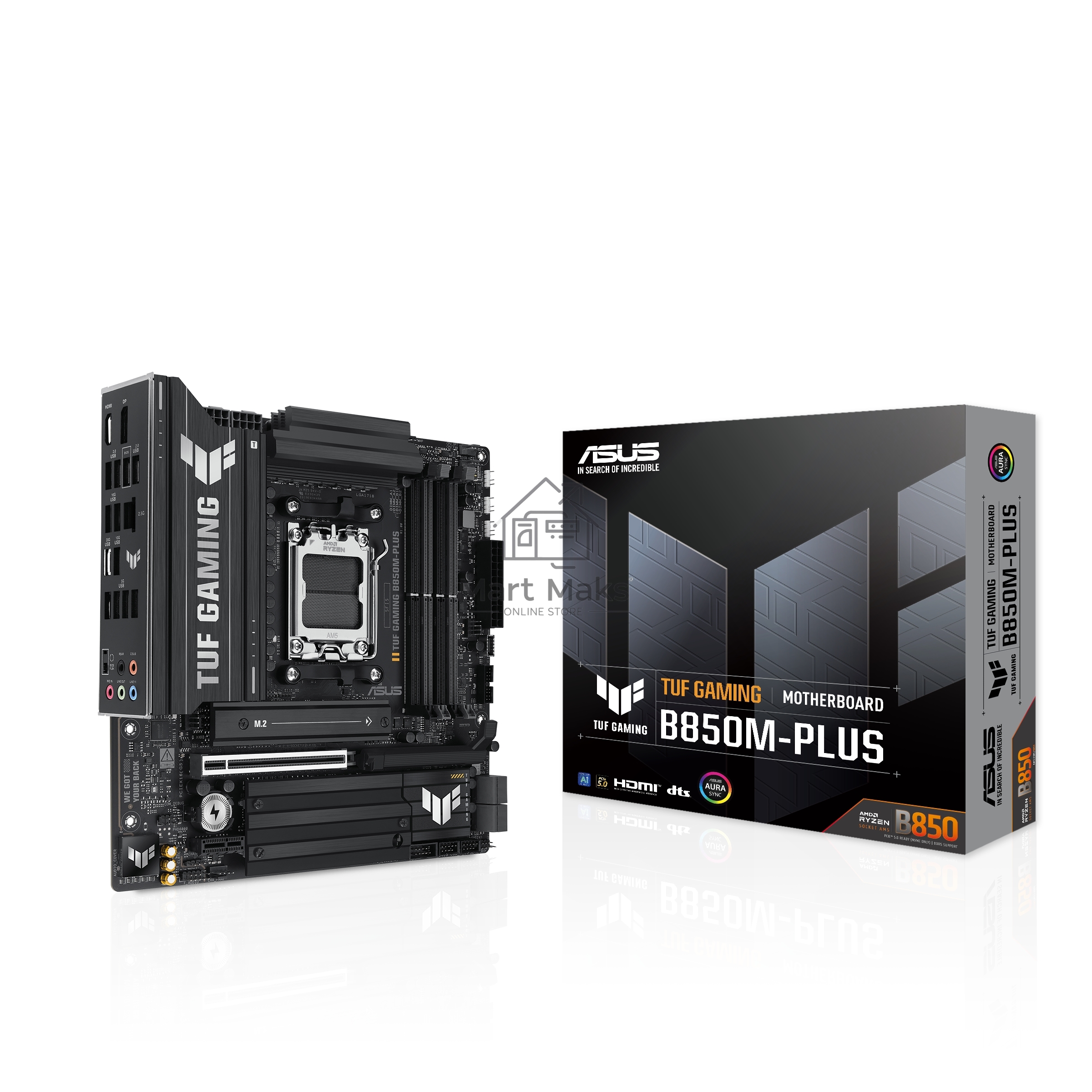 Материнская плата ASUS TUF Gaming B850M-Plus, AM5, AMD B850, 4xDDR5, 4xSATA, 3xM.2, 1xPCIe 5.0 x16, 1xPCIe 4.0 x4, 1xPCIe x1, 1xDP, 1xHDMI, 1x2.5Gb LAN, 4xUSB 2.0, 4xUSB 3.2 Gen 1, 3xUSB 3.2 Gen 2, 1xUSB-C, 3x3.5 мм, 7.1, mATX