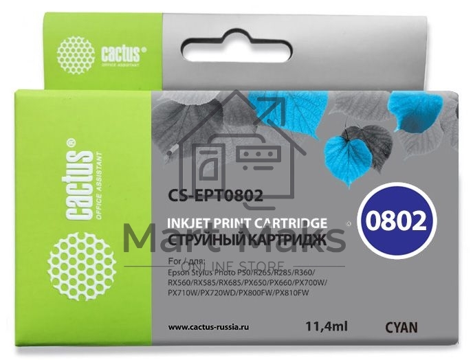 Картридж струйный Cactus CS-EPT0802 (T0802) голубой (11,4 мл) для Epson Stylus PhotoP50/PX650/PX660/PX700/PX700W/PX710/PX710W/PX720/PX720WD/PX800/PX800FW/PX810/PX810FW/PX820/PX820FWD/R265/R285/R360/RX560/RX585/RX685