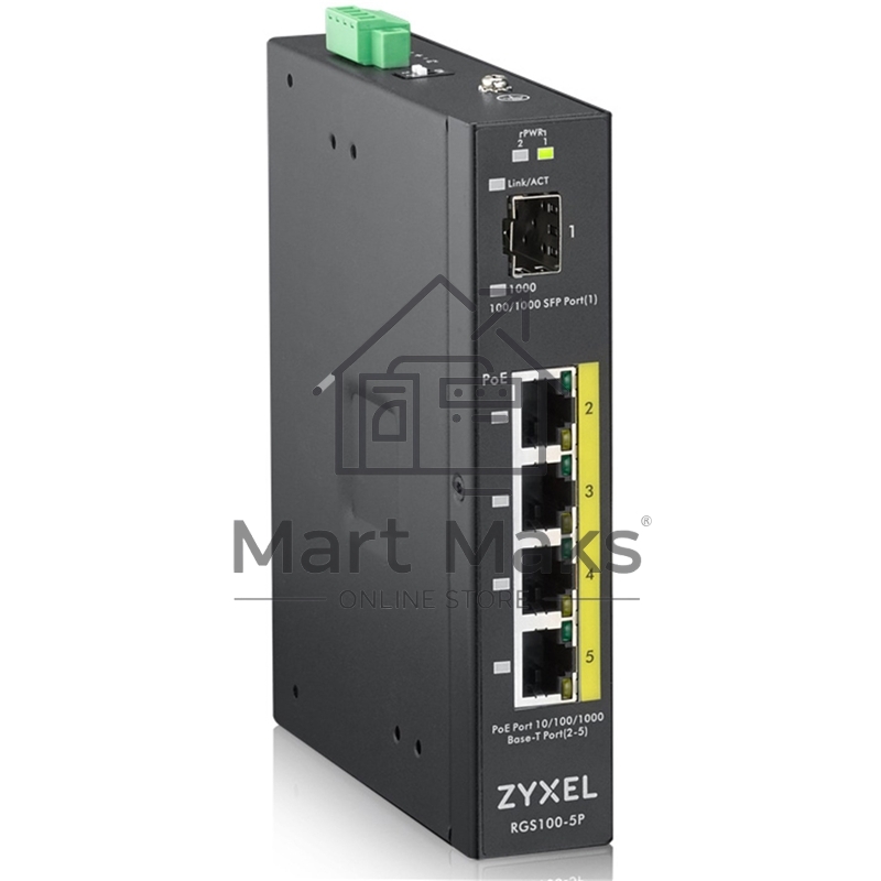 Коммутатор ZYXEL RGS100-5P, 5  Port unmanaged PoE Switch, 120 Watt PoE, DIN Rail, IP30, 12-58V DC