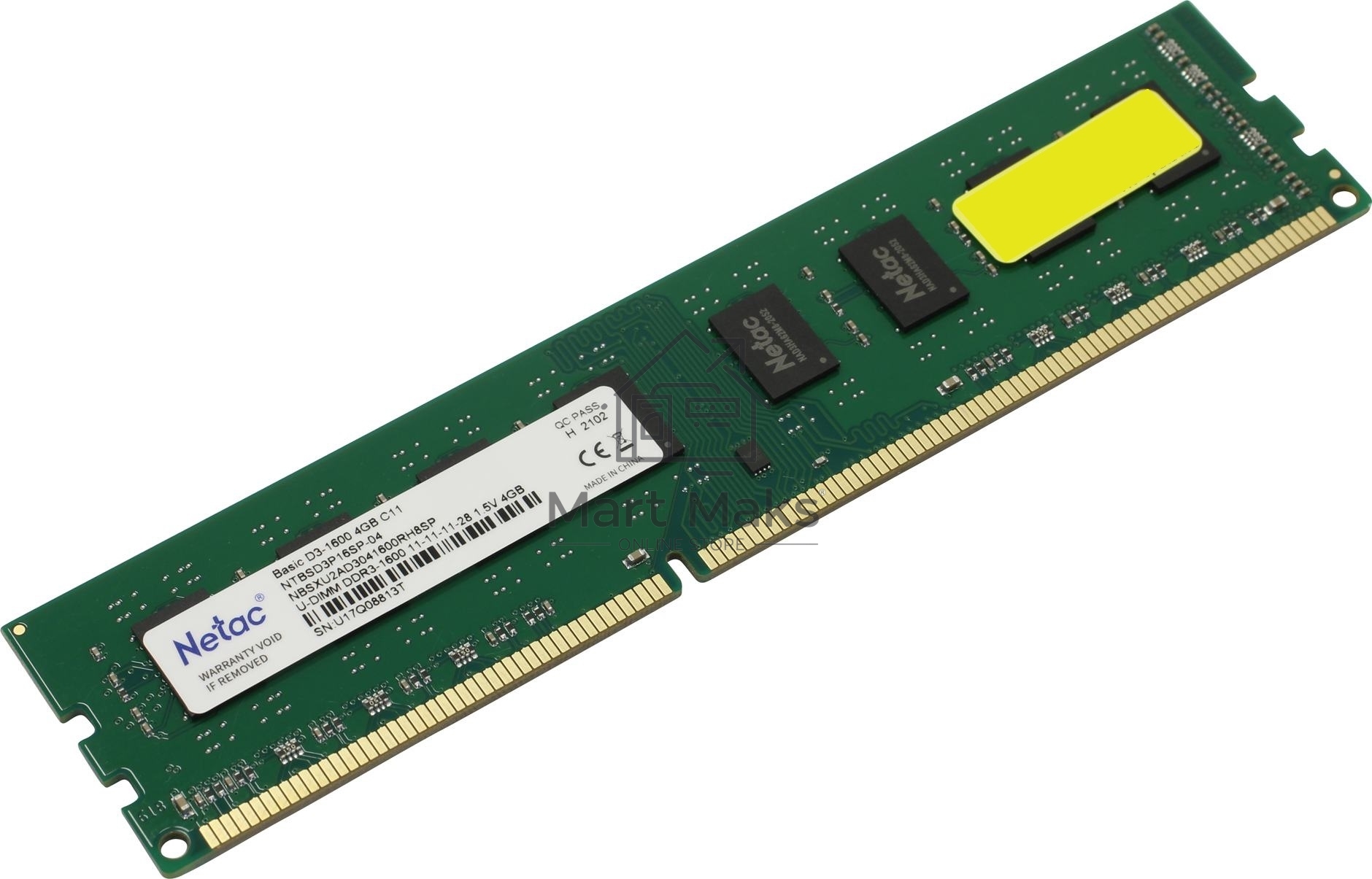Оперативная память NETAC Basic, DDR3, 4GB (1x4GB), 1600MHz, CL11, DIMM