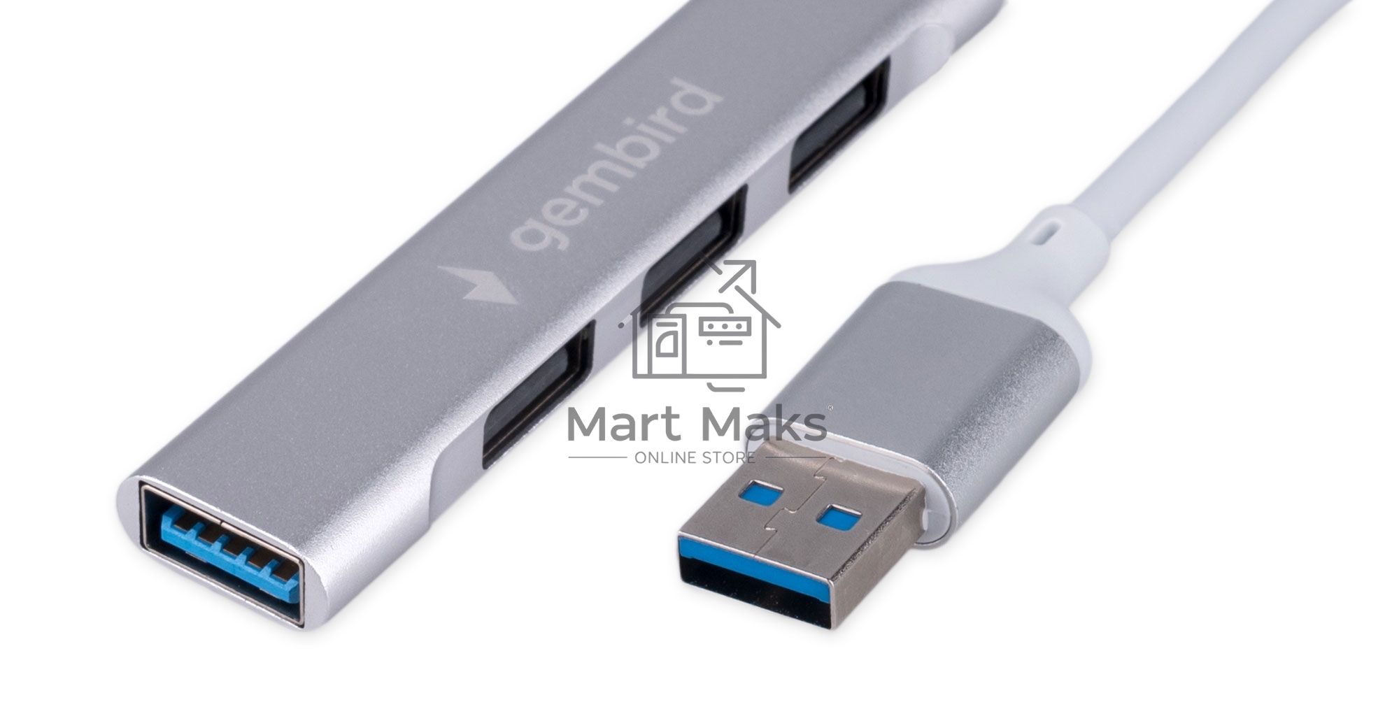 Разветвитель USB3.0/2.0 Gembird UHB-C206, USB3.0, 3xUSB2.0, кабель USB 10см, серебристый металл, пакет