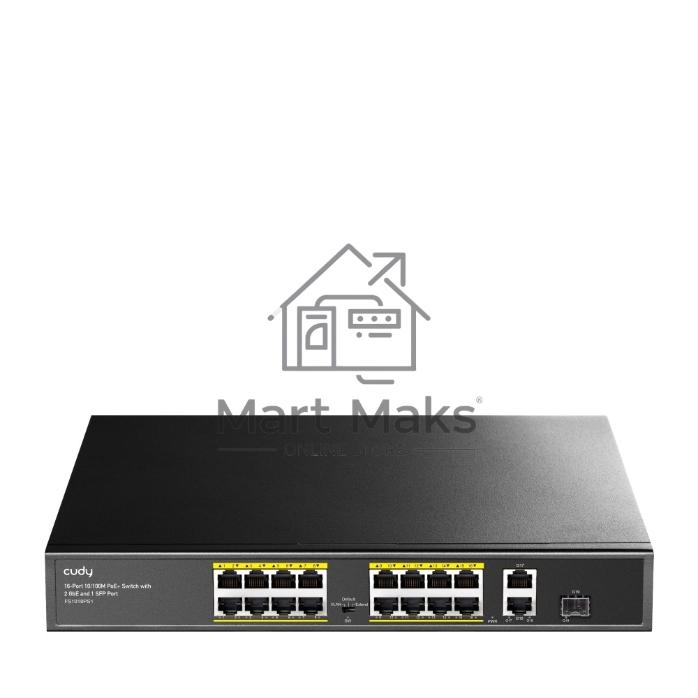 Коммутатор Cudy FS1018PS1 (L2) 16x100Мбит/с 2x1Гбит/с 1SFP 16PoE+ 200W неуправляемый