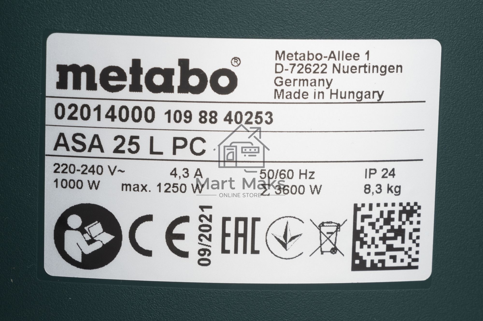 Пылесос строительный Metabo ASA 25 L PC 602014000 Пылесос 1250вт,розетка,ручн.очистка, бак 25л, вес 8.3 кг