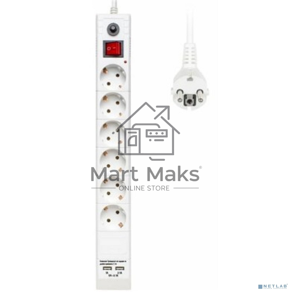 Сетевой фильтр Buro BU-SP3_USB_2A-W 3м (6 розеток) белый (коробка)