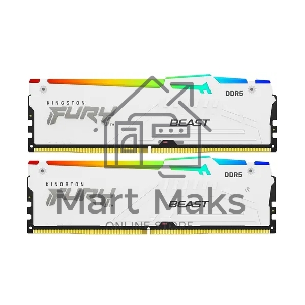 Оперативная память Kingston Fury Beast, DDR5, 32GB (2x16GB), 6000MHz, CL30, DIMM, с радиатором, RGB, белый